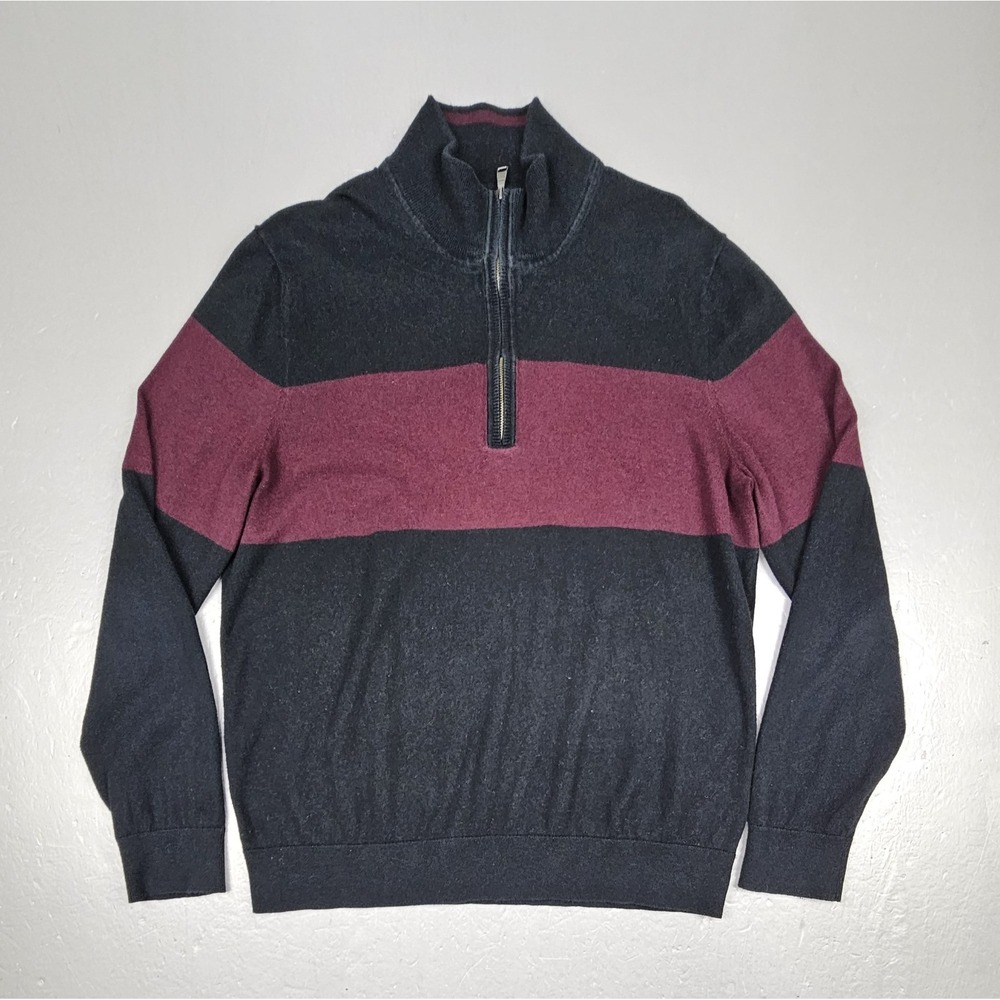 Banana Republic Sweater Mens Large Qt Zip Cotton Cashmere Black Burgandy  Casual